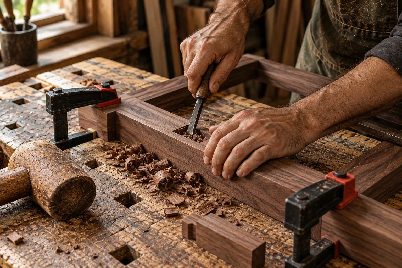 Mãos de um artesão montando uma peça de nogueira com formão e grampos