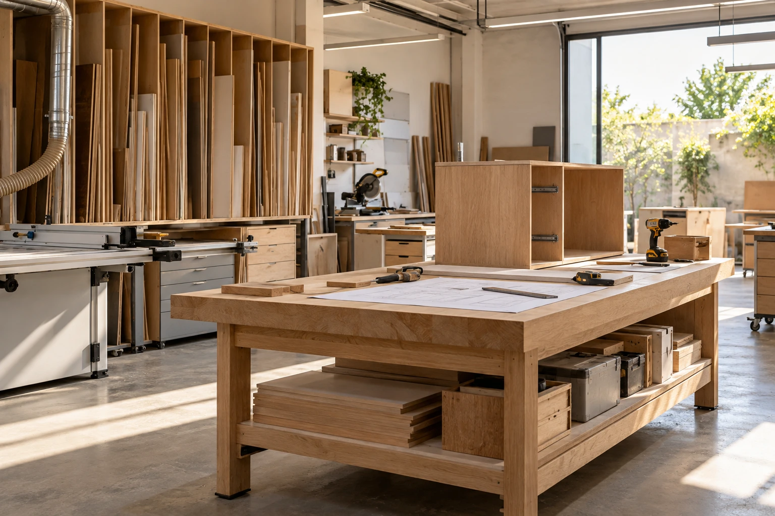 Ateliê de marcenaria com bancada de trabalho e armário de madeira em fabricação