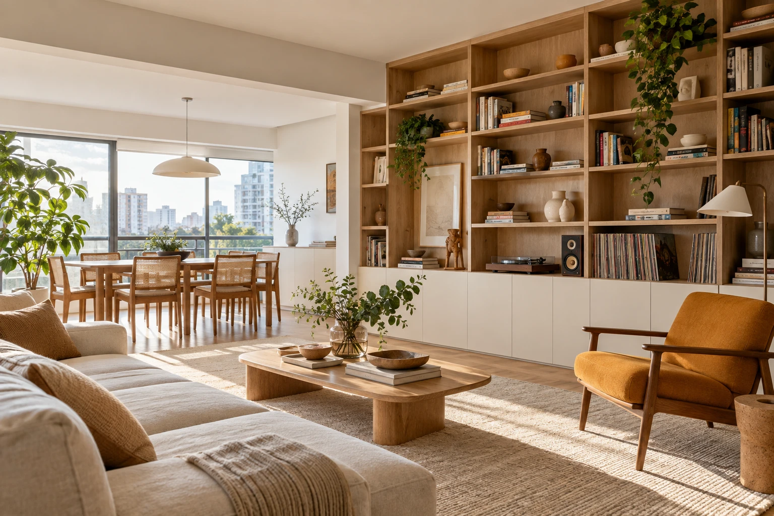 Apartamento com marcenaria de carvalho claro, estantes, portas brancas e mobiliário colorido