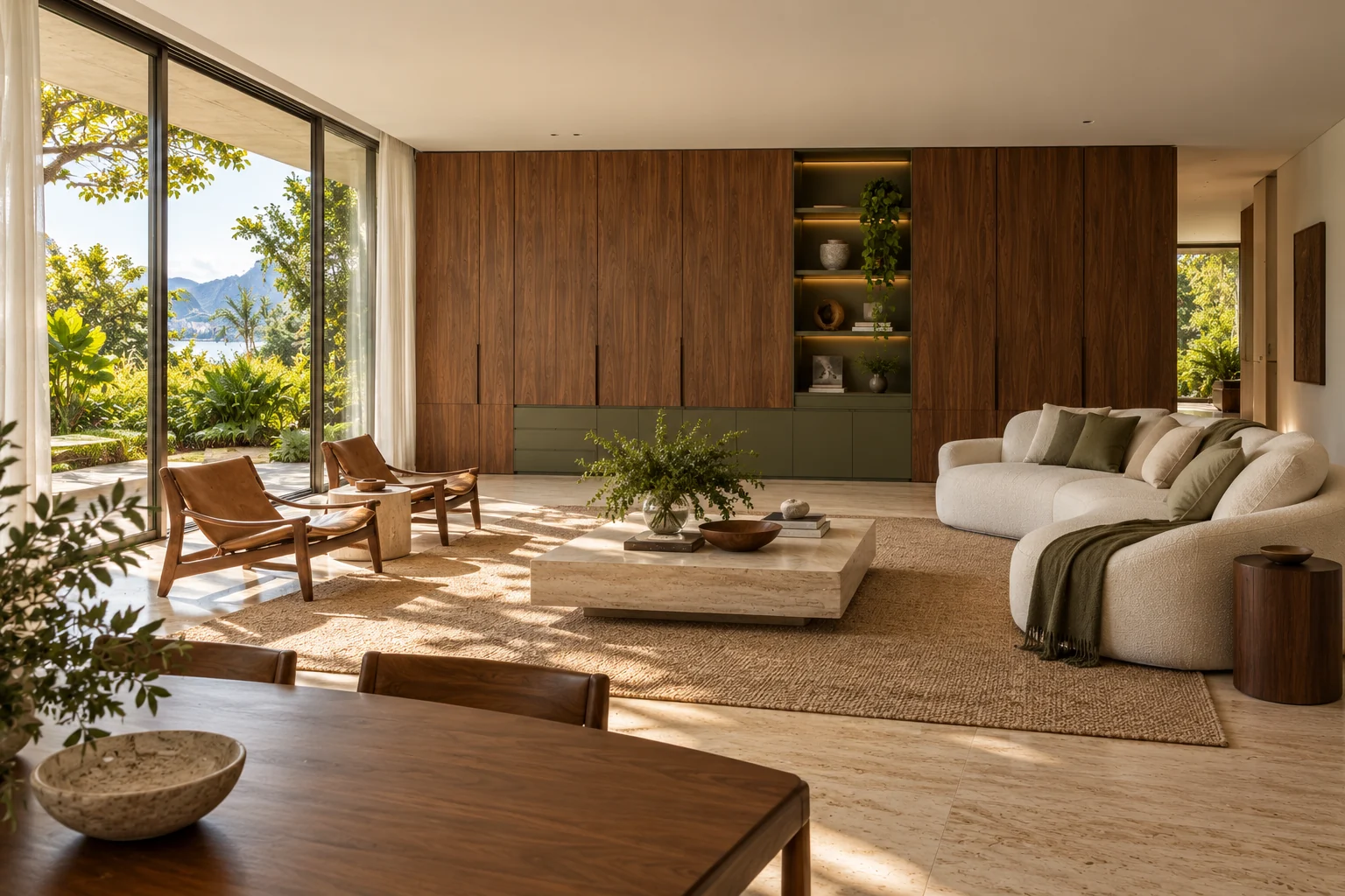 Sala com painéis de nogueira, armazenamento verde, nicho iluminado e sofá claro