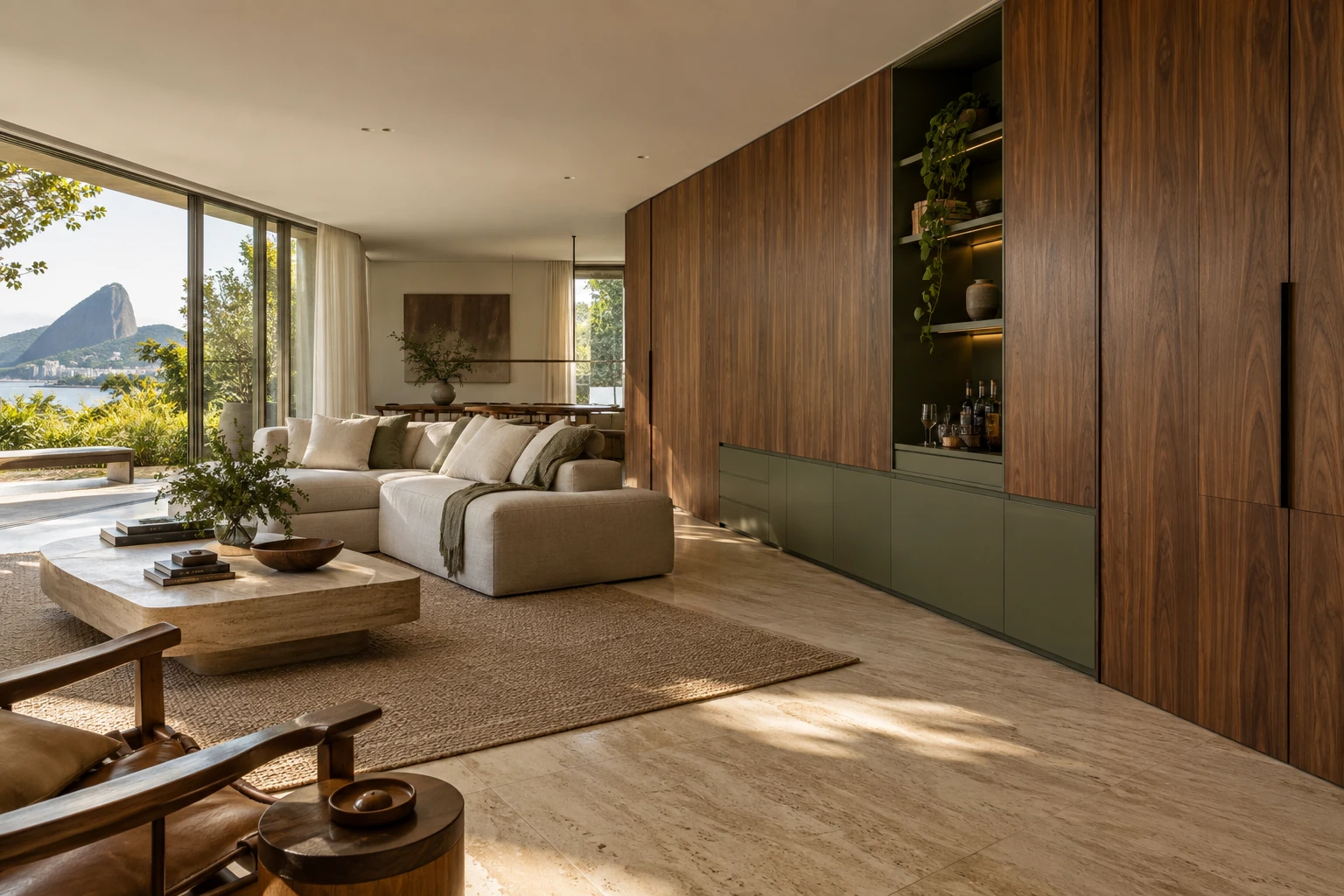 Sala com painéis de madeira escura, armários verdes e luz lateral