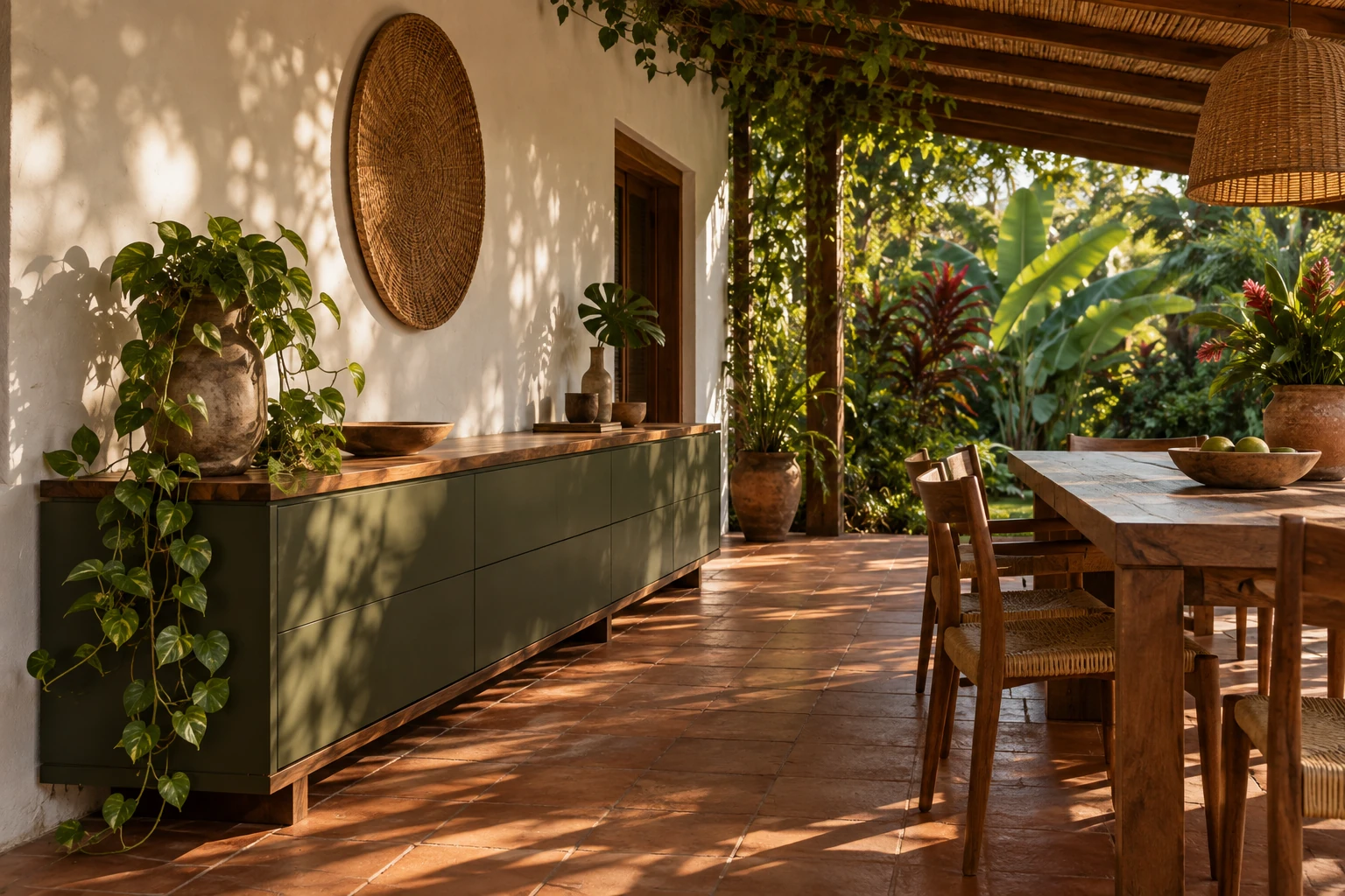 Varanda com armário verde profundo, madeira escura e piso de terracota junto ao jardim